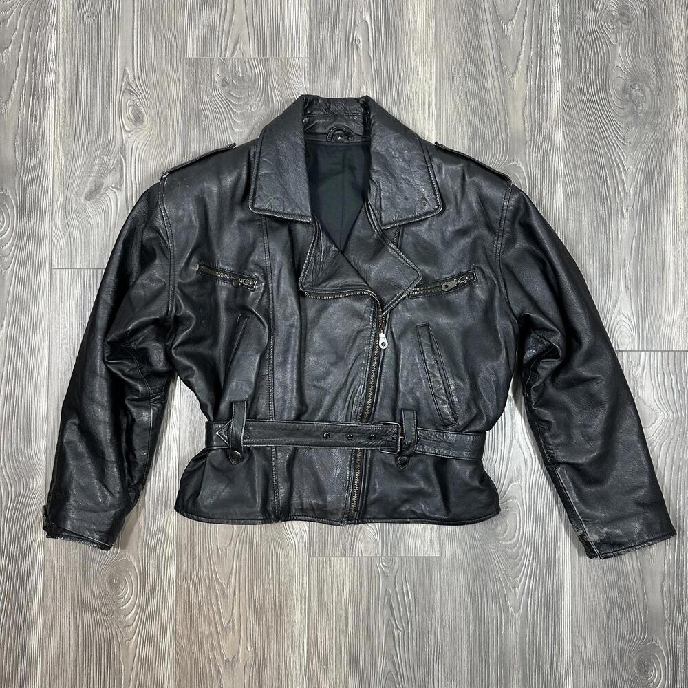 Vintage‎ Style Leather Moto Jacket with Buckle Belt Detail